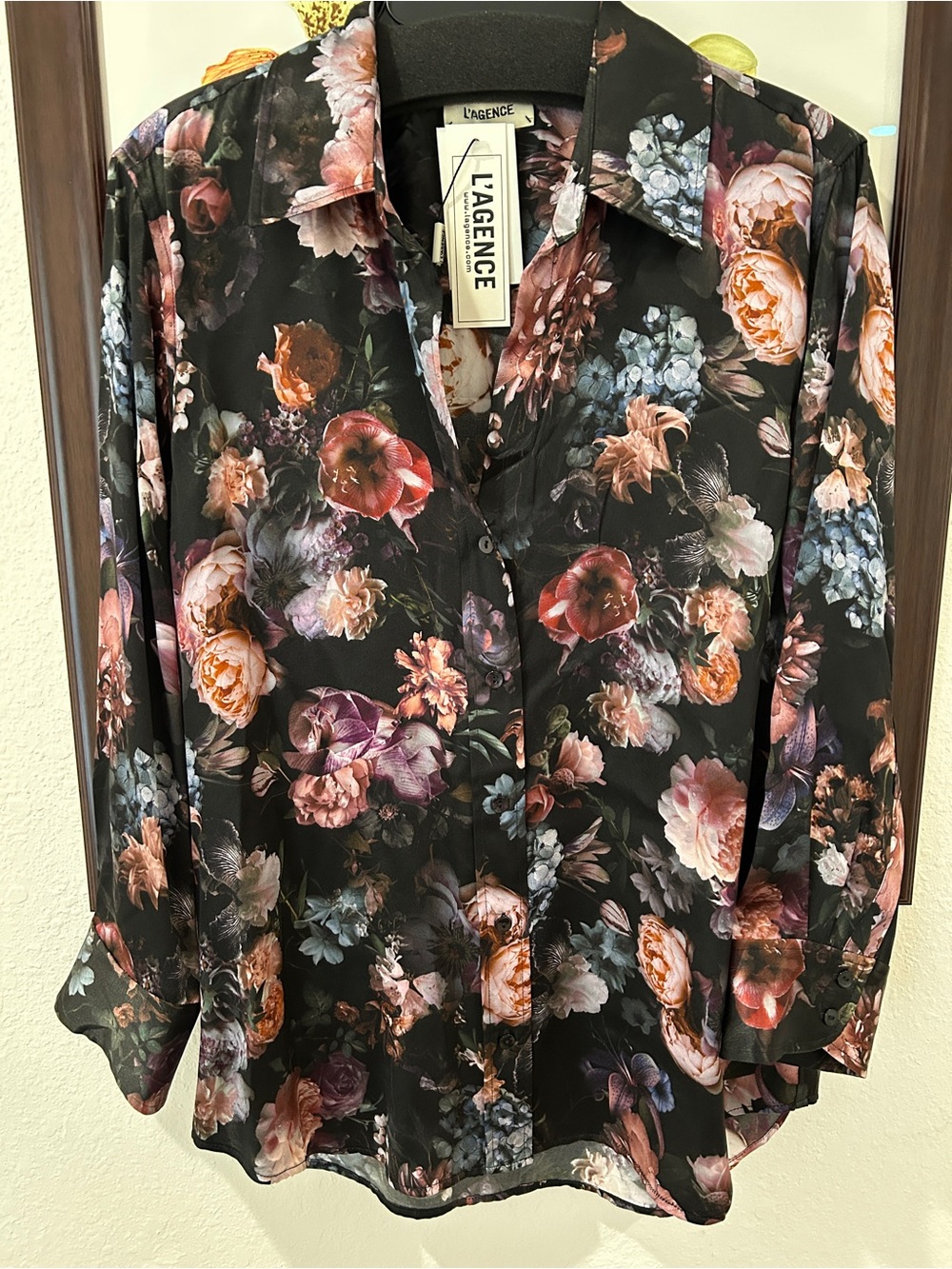 L'AGENCE Black Floral Silk Dani Blouse with Pink and Blue Blooms